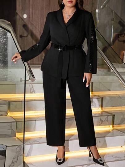 SHEIN Clasi Plus Size Sequin Decor Long Sleeve Simple Jacket And Pants Casual Suit Set