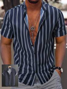 Manfinity Homme Men's Summer Striped Short Sleeve Casual Shirt, Button Up Graphic Stripe Blue Shirt - Navy Blue - View 1