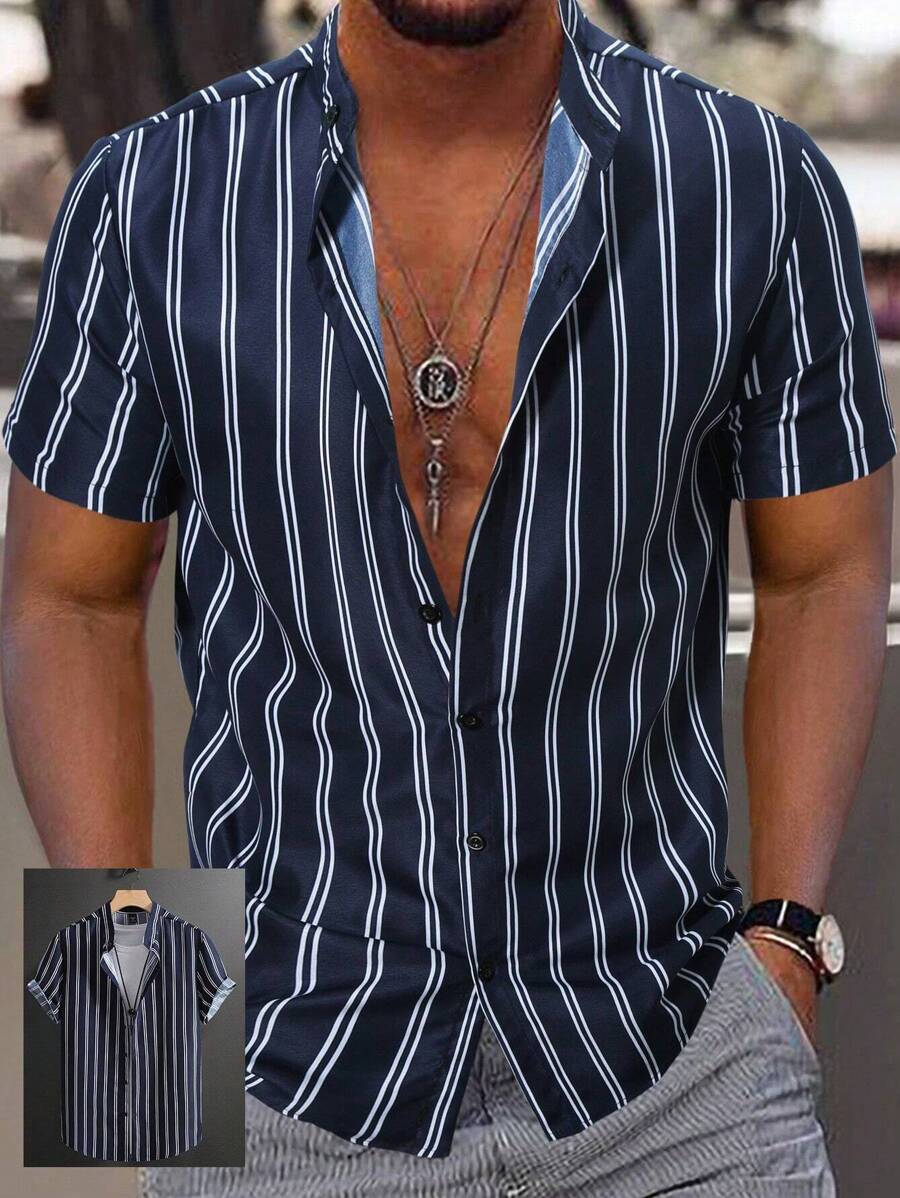 Manfinity Homme Men's Summer Striped Short Sleeve Casual Shirt, Button Up Graphic Stripe Blue Shirt - Navy Blue - View 1