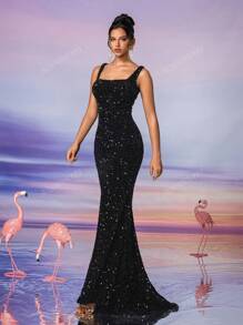 AOSHABABI Eternal Classic - Recreando la elegante belleza de la era de Herben, vestido de noche formal de terciopelo gris con cuello cuadrado, lentejuelas y silueta de sirena. Apropiado para todas las ocasiones formales, invitados de bodas, festivales de música, fiestas festivas, fiestas de cóctel, citas, vacaciones, bailes y vestido de dama de honor formal maxi, vestido de fiesta