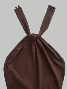 Glamine 后扭式挂脖中长连衣裙，女士性感露背无袖挂脖修身长款棕色纯色修身女式长裙，春夏，派对/夜总会服装超长女装 - 棕色 - 查看 8