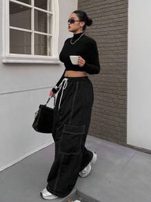 Flirla 加大码弹力腰带抽绳撞色口袋工装裤