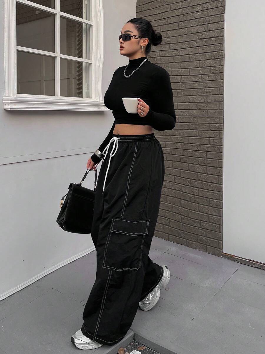 Flirla 加大码弹力腰带抽绳撞色口袋工装裤