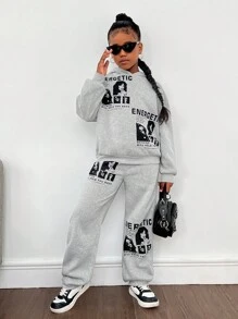 SHEIN Bộ quần áo hoodie rộng rãi và quần nỉ cho bé gái tuổi mới lớn có in hình chân dung và khẩu hiệu - Xám - Xem 3