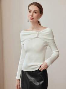 MOTF PREMIUM OFF SHOULDER FAUX PEARL RIBBED SWEATER - White - View 6