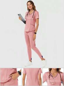TaskEZ 2pcs Women Nurse Uniform Set, Including V-Neck Scrub Top With 2 Pockets And Elastic Waist Yoga Jogger Pants With 2 Pockets - Pink - View 4