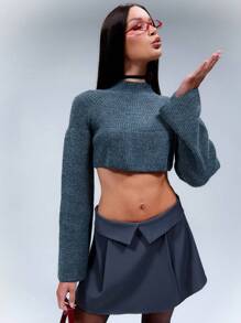 TypaGal Top corto con cuello alto de punto y puños acampanados, otoño e invierno - Gris - Ver 5