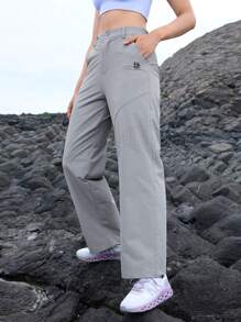 In My Nature 女士字母印花口袋直筒宽松休闲户外裤 - 灰色 - 查看 8