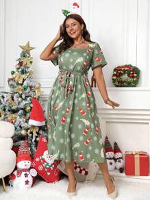 SHEIN LUNE Plus Size Feminino Verão Neve Floral Estampa Gola Quadrada Manga Curta Maxi Vestido Casual - Verde - Ver 1