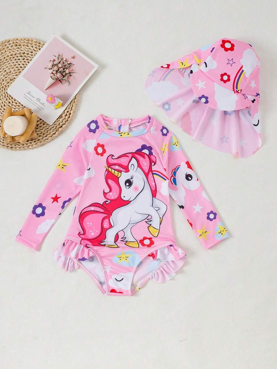 1 bộ đồ bơi liền thân in hình ngựa hoạt hình cho bé gái - Màu Hồng baby - Xem 1