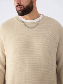 Manfinity VCAY Men's Plus Size Solid Color Plain Casual Crew Neck Long Sleeve Pullover Simple Sweater, Suitable For Autumn And Winter, For Going Out - Apricot - View 2