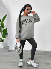 SHEIN Leap Crew 2 件 Tween 女童字母图案针织运动衫和裤子运动休闲套装