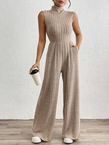 Rafferiza Women's Thick Turtleneck Sleeveless Fluffy Wide Leg Jumpsuit, For Autumn And Winter - Khaki - View 5