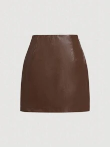SHEIN MOD Brown Side Slit Metallic Trim Faux Leather A-Line Skirt, Going Out Skirt, Vintage Skirt, Fall Outfits, Sexy Skirt, Leather Skirt - Brown - View 2