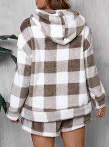 SHEIN LUNE 2pcs Plus Size Fuzzy Plaid Fleece Sweatshirt & Shorts Set For Autumn & Winter Women Clothing Sets Teddy Travel Outfit Airport
