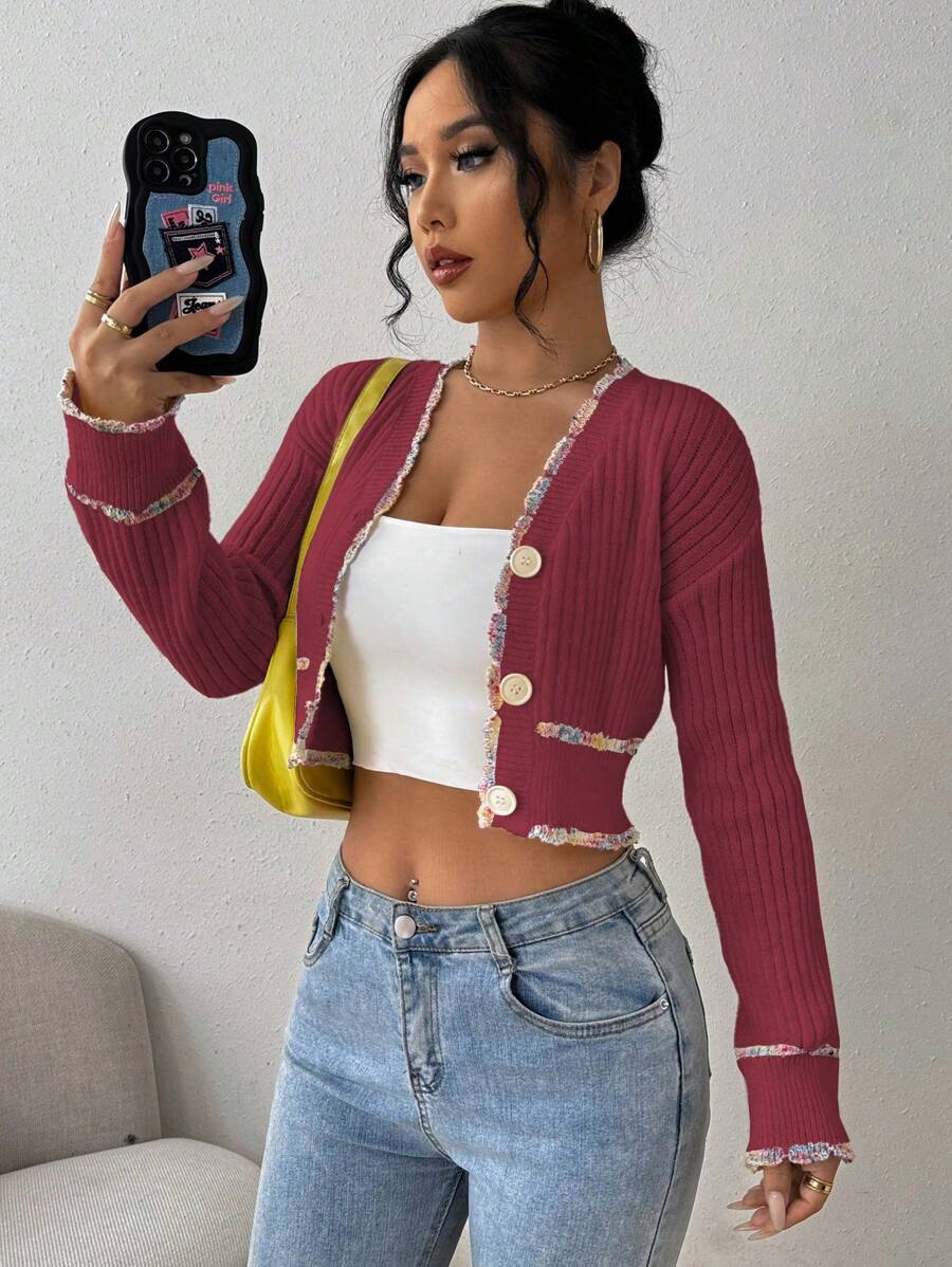 Chiquease Women's Colorblock Cropped Long Sleeve Elegant Cardigan Sweater, Autumn/Winter - Burgundy - View 1