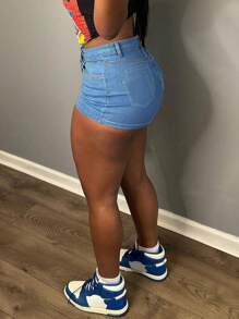 Chân váy ngắn denim bó màu đen, phong cách thường ngày mùa hè - Rửa nhẹ - Xem 3