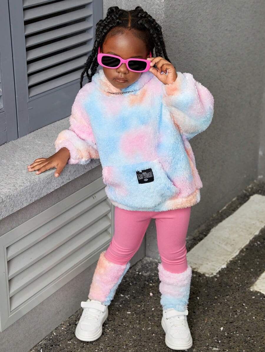 SHEIN Ensemble de sweater à capuche réversible en polaire avec tie-dye et pantalon patchwork pour jeune fille - Bleu azur - Voir 1