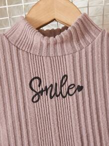 2pcs Tween Girl Half-Turtleneck Gigot Sleeve T-Shirt & Knitted Leggings Set, Lotus Pink