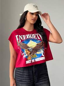 SHEIN EZwear CURVE Camiseta de unicolor con gráfico de águila para mujer talla grande - Burdeos - Ver 5