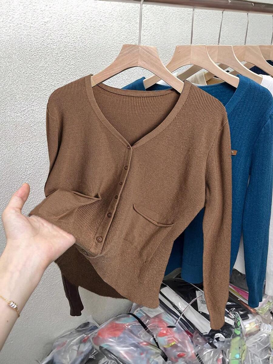 SHEIN Clasi Áo cánh tay dài màu trơn cỡ lớn cài nút phía trước thường ngày - Lạc đà - Xem 1