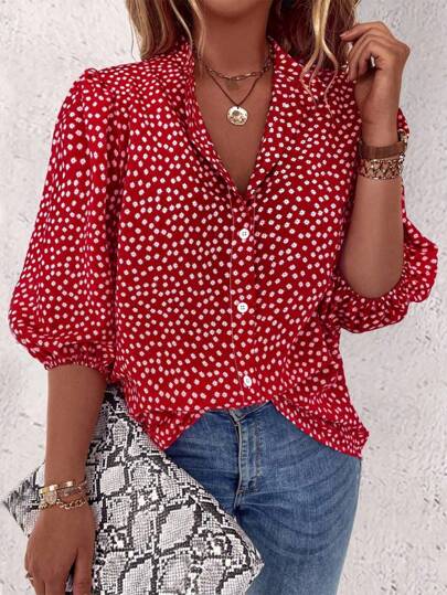 EMERY ROSE Camisa casual de manga media con un solo botón y estampado floral para ropa de Año Nuevo