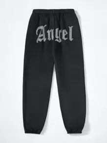 Sparklyn Tween Girl 2024 秋冬新款天使水钻保暖黑色运动裤，适合万圣节派对