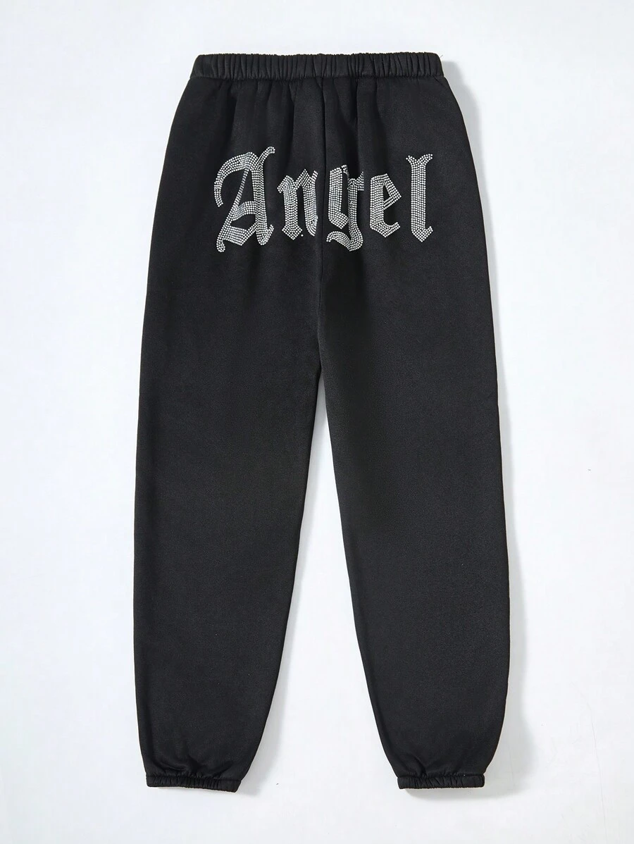 Sparklyn Tween Girl 2024 秋冬新款天使水钻保暖黑色运动裤，适合万圣节派对