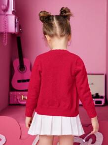 SHEIN 年轻女孩长袖 V 领心形图案开衫 - 紅色 - 查看 6