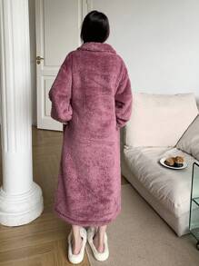 DAZY Minimalist Half-Zip Flannel Thick Housedress,Thermal Lined Fall,Winter - Purple - View 2