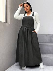 SHEIN EZwear Plus Size Casual Denim Dress With Button-Down, Gathered Waist & Pockets - Black - View 1