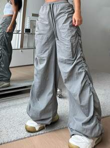SHEIN EZwear Women's Casual Solid Color Loose Fit Wide Leg Low Waist Trousers - Grey - View 2