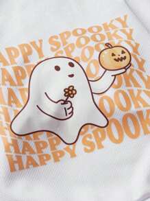 Dudeline Artist Cute Kawaii Pumpkin & Ghost Print White Pet T-Shirt For Halloween, Holiday