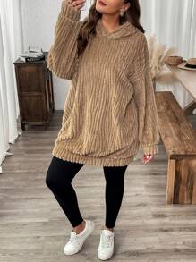 SHEIN LUNE 2 件大码纯色长袖连帽衫和裤子休闲套装冬季服装 - 卡其色 - 查看 9
