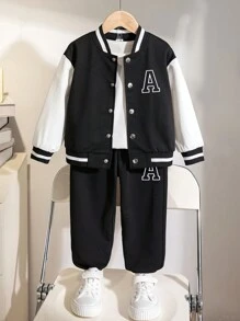 2pcs Casual Minimalist Street Style Young Boy Outfit, Suitable For Leisure, Sports, Outdoor Activities In Spring & Autumn - Black - View 2