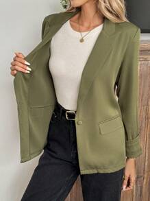SHEIN LUNE Women's Casual Long Sleeve Suit With Ruched Cuffs And Pockets, Army Green - Army Green - View 3