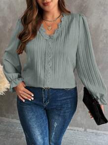 SHEIN LUNE Plus Size Spring/Autumn Casual Solid Color Lace Contrast Long Sleeve Blouse - Light Grey - View 1
