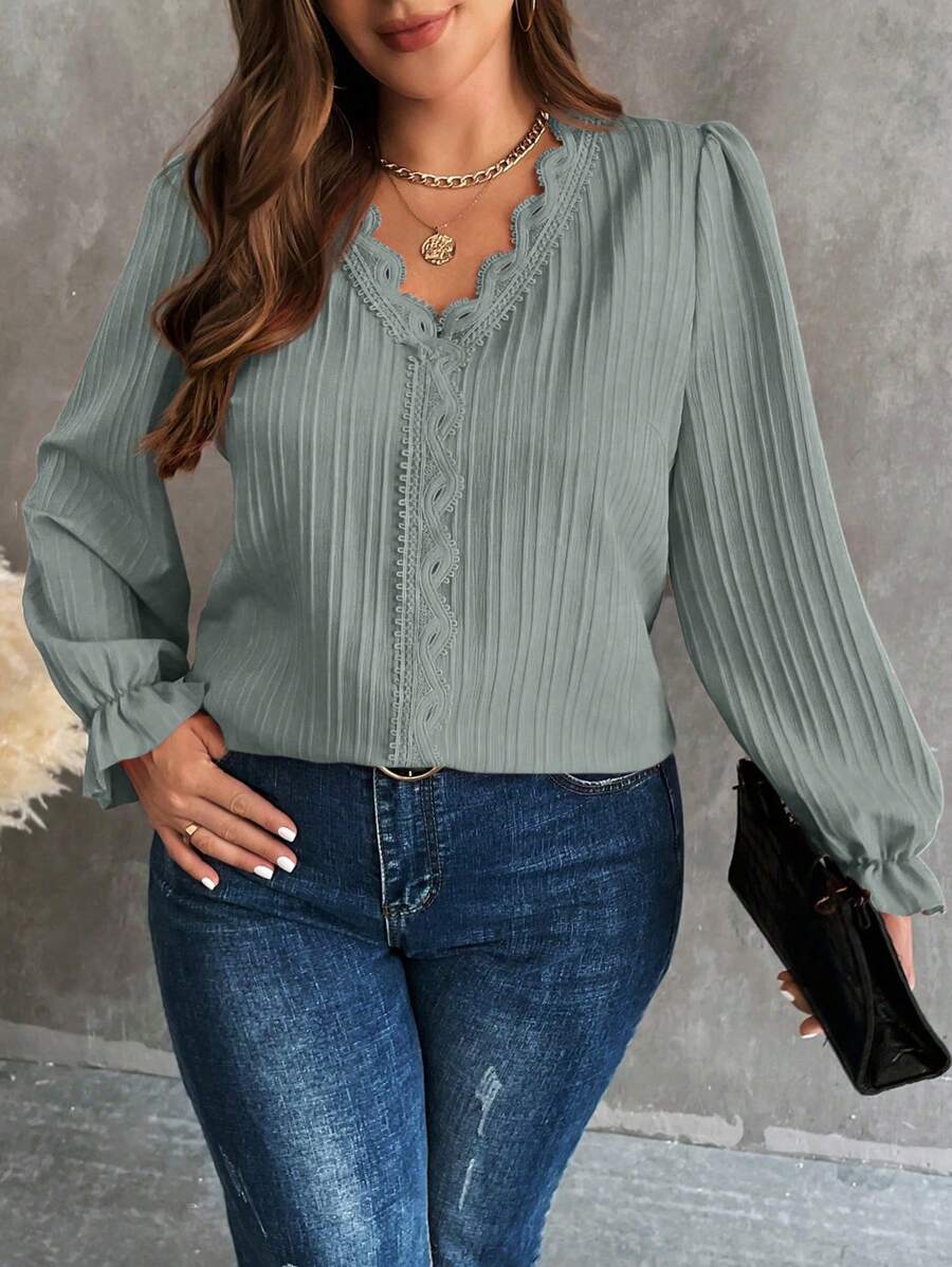 SHEIN LUNE Plus Size Spring/Autumn Casual Solid Color Lace Contrast Long Sleeve Blouse - Light Grey - View 1