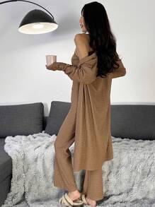 Chiquease Women 3pcs Casual Outfit Set: Long Sleeve Open Front Jacket, Camisole, And Waist Tie Pants, Spring/Fall - Maroon - View 2