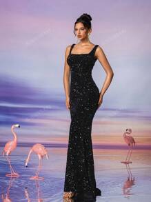 AOSHABABI Eternal Classic - Recreando la elegante belleza de la era de Herben, vestido de noche formal de terciopelo gris con cuello cuadrado, lentejuelas y silueta de sirena. Apropiado para todas las ocasiones formales, invitados de bodas, festivales de música, fiestas festivas, fiestas de cóctel, citas, vacaciones, bailes y vestido de dama de honor formal maxi, vestido de fiesta