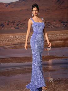 AOSHABABI <Kiểu dáng cổ điển vượt thời gian, tái hiện vẻ thanh lịch của thời đại Herben> Đầm dạ hội dáng đuôi cá bằng nhung đính sequin cổ vuông màu xám cổ điển, phù hợp cho mọi dịp trang trọng, dự đám cưới, lễ hội âm nhạc, tiệc tùng, dạ hội, hẹn hò, kỳ nghỉ, vũ hội và đầm phù dâu, đầm dự tiệc mùa xuân. - Màu tím - Xem 8