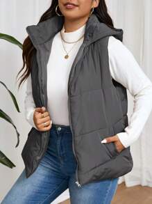 SHEIN Frenchy 大码女式纯色拉链领休闲连帽加厚背心夹克，冬季 - 灰色 - 查看 1