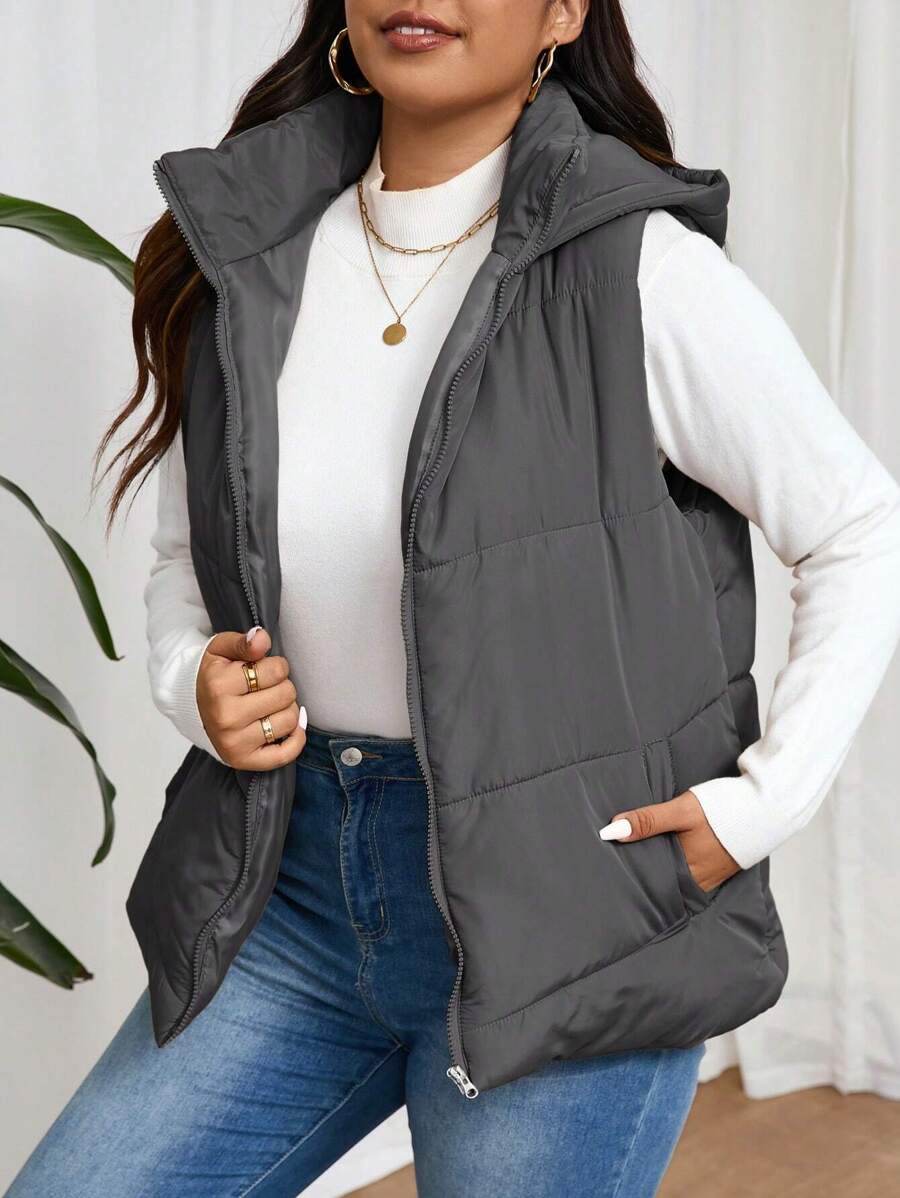 SHEIN Frenchy 大码女式纯色拉链领休闲连帽加厚背心夹克，冬季 - 灰色 - 查看 1