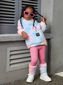 SHEIN Ensemble de sweater à capuche réversible en polaire avec tie-dye et pantalon patchwork pour jeune fille - Bleu azur - Voir 8