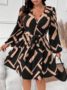 SHEIN Frenchy Plus Size V-Neck Long Sleeve Fashion Tie Waist All-Over Print Design Dress