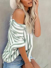 Women's Fresh Casual Striped Print Short Sleeve Polo Shirt - Green - View 3