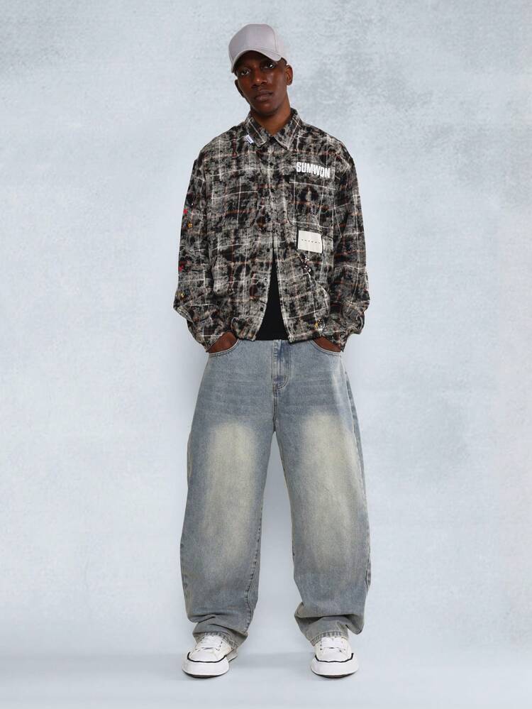 スナップボタン付きバックプリント入りチェックシャツ、カレッジスタイル