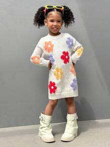 SHEIN Young Girl Multi-Color Floral Knitted Sweater Dress, Sweater Dress For Girls, Flower Sweater Girls, Young Girls Floral Print, Young Girls Flower Dress Autumn Fall - Multicolor - View 1