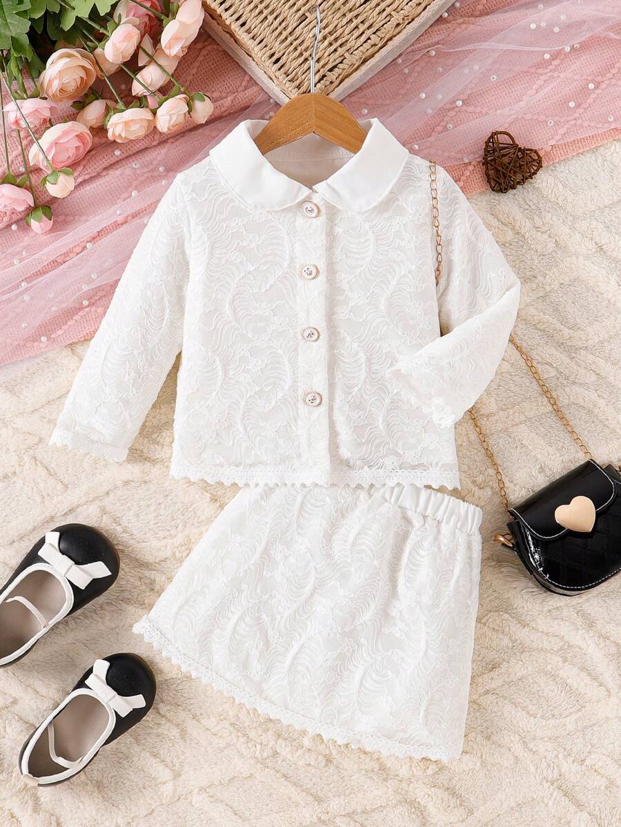 Baby Girl Solid Color Peter Pan Collar Long Sleeve Buttoned Blouse & Skirt 2pcs Set, Spring And Summer - White - View 1