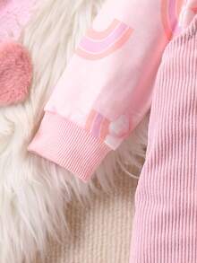 Bộ 2 áo dài tay in hoa dễ thương cho bé gái và quần yếm nhung kẻ, Thu/Đông - Hồng - Xem 5